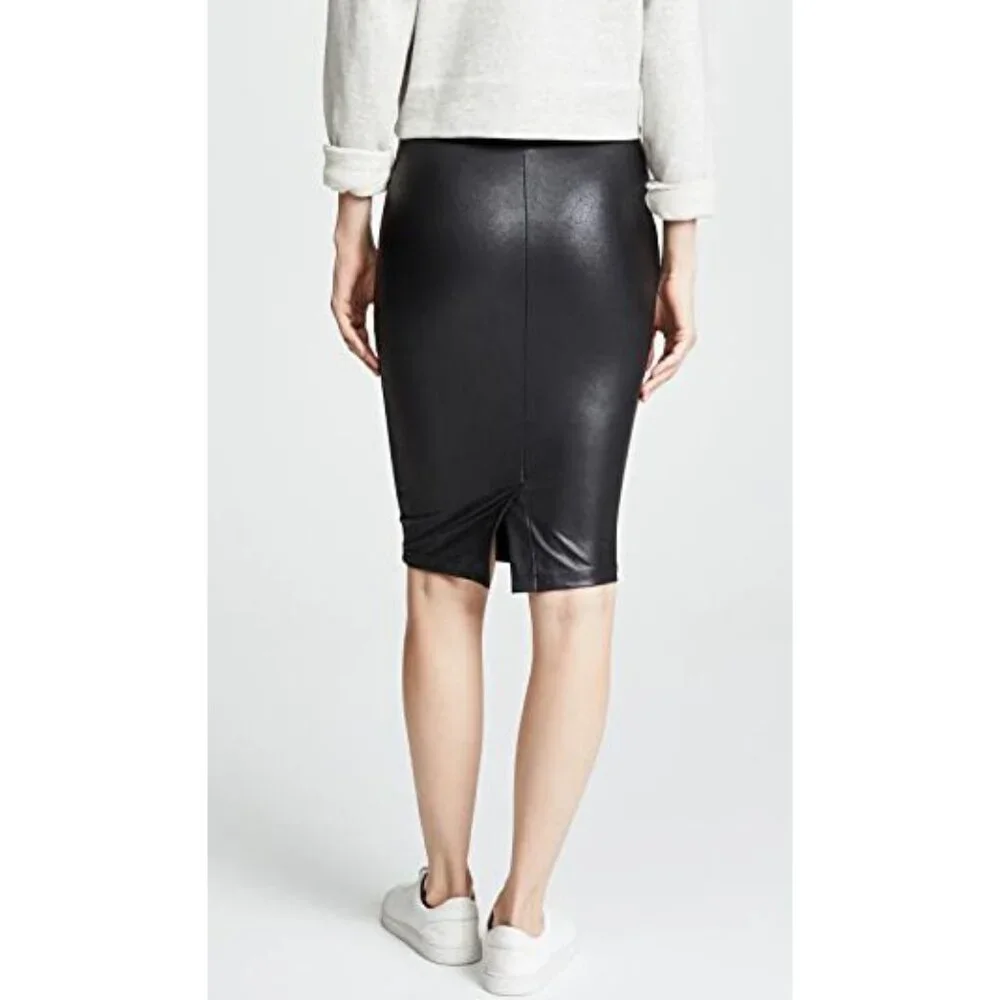 Spanx Faux Leather Pencil Skirt Very Black High-Waist Shiny Stretchy Edgy Midi